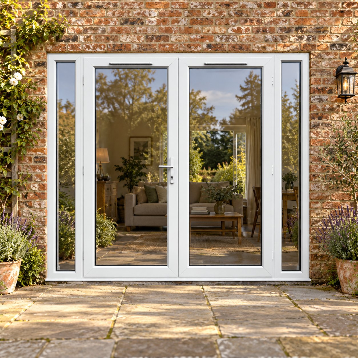 2390mm x 2090mm - White uPVC French Doors with Narrow Side Panels lit up in the evening