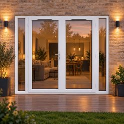 2390mm x 2090mm - White uPVC French Doors with Narrow Side Panels opening onto garden decking