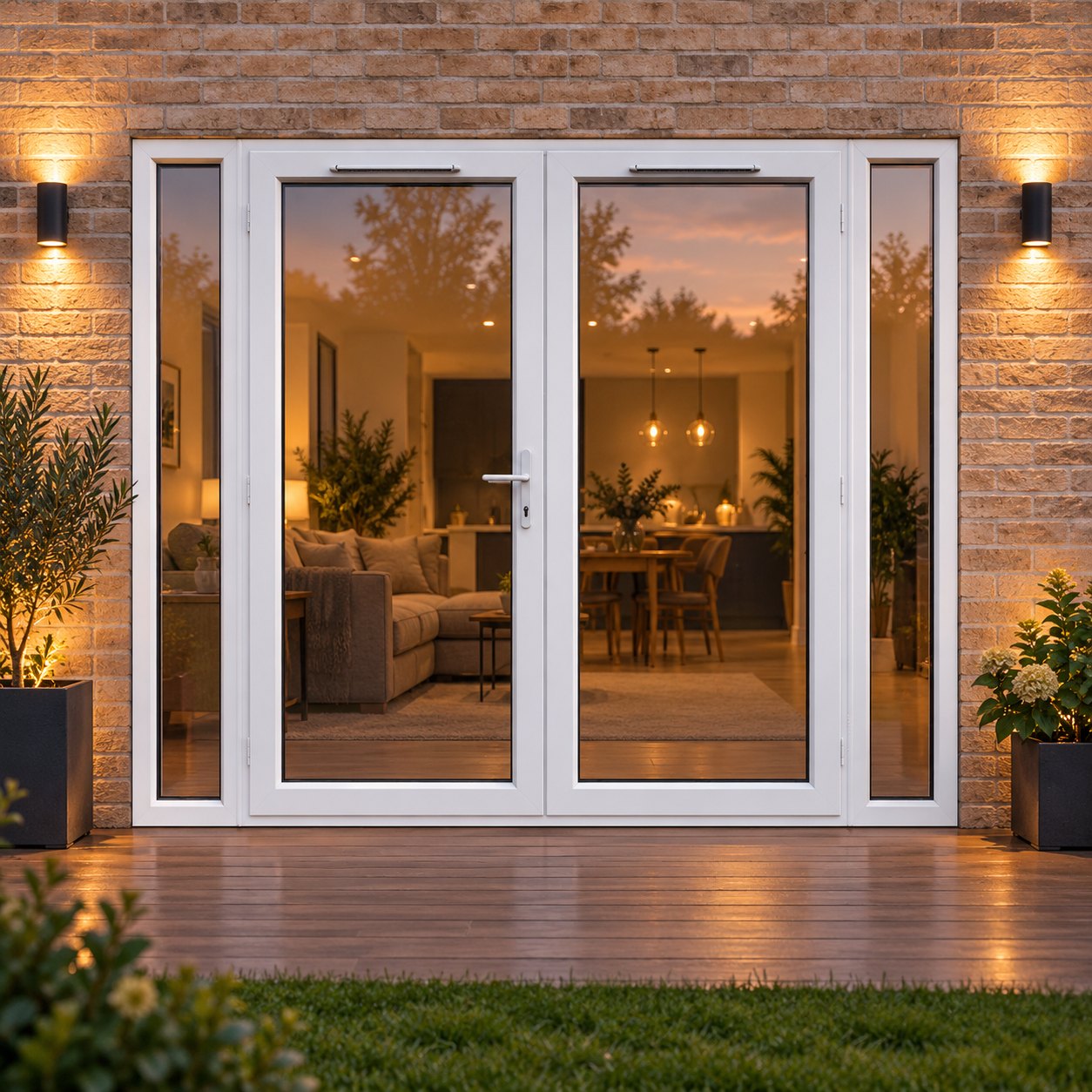 2390mm x 2090mm - White uPVC French Doors with Narrow Side Panels opening onto garden decking