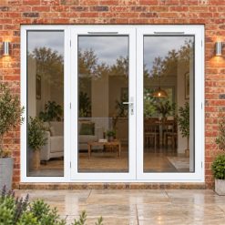 2390mm x 2090mm - White uPVC French Doors with Wide Side Panel fitted to the back of a house