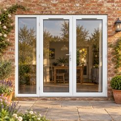 2390mm x 2090mm - White uPVC French Doors with Wide Side Panel lit up in the evening