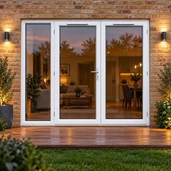 2390mm x 2090mm - White uPVC French Doors with Wide Side Panel opening onto garden decking