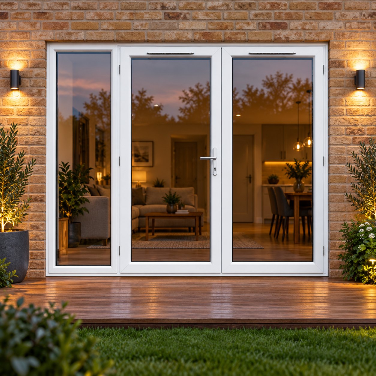 2390mm x 2090mm - White uPVC French Doors with Wide Side Panel opening onto garden decking