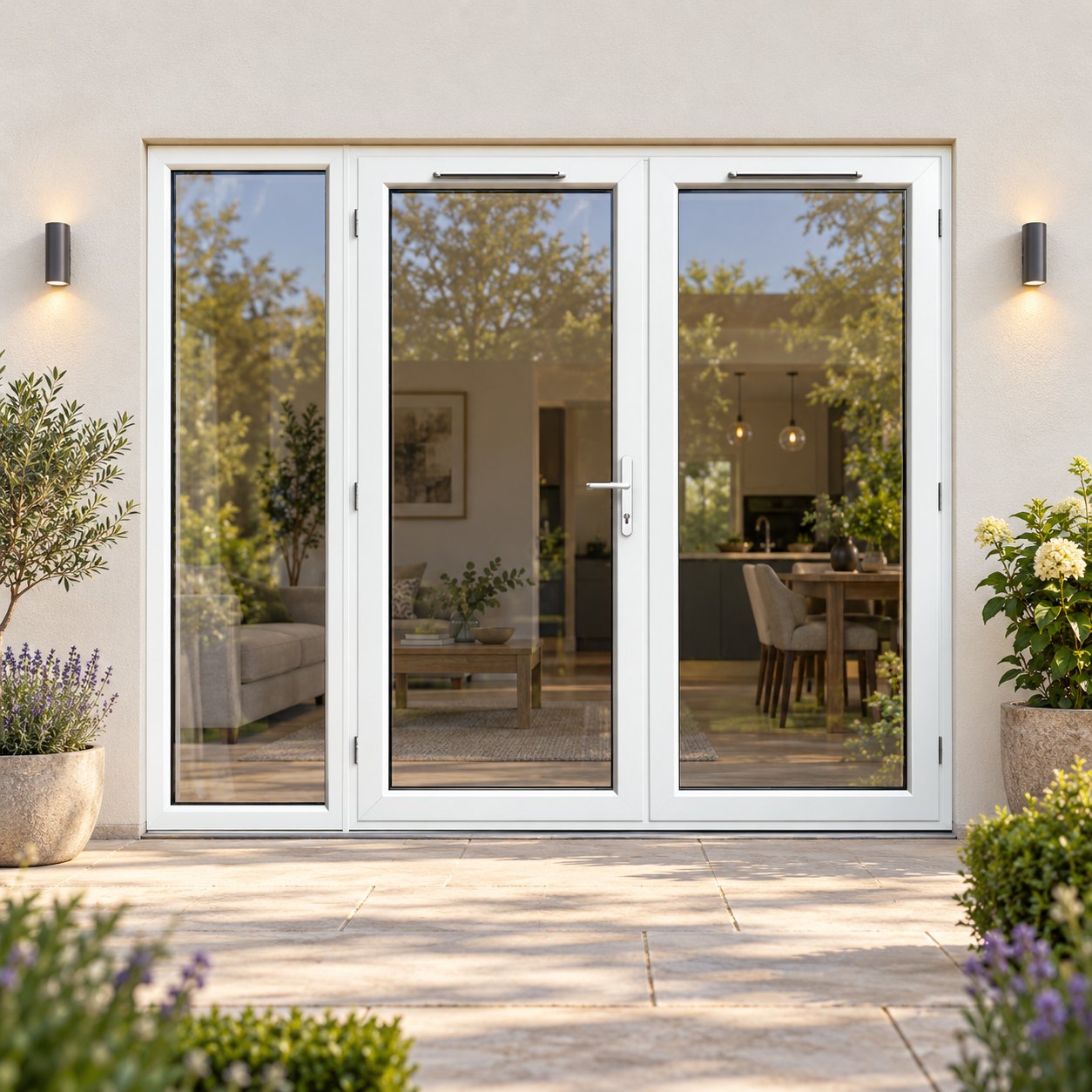 2390mm x 2090mm - White uPVC French Doors with Wide Side Panel on a rendered house
