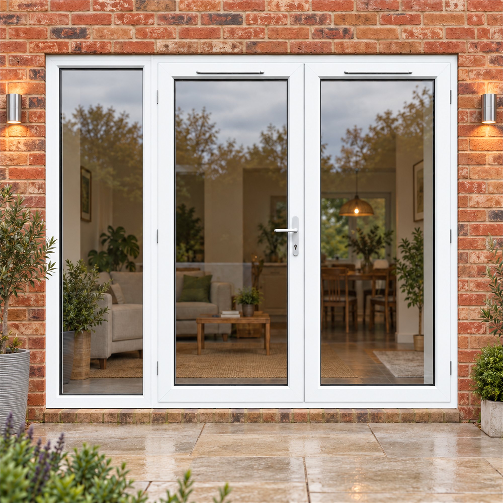 2390mm x 2090mm - White uPVC French Doors with Wide Side Panel fitted to the back of a house