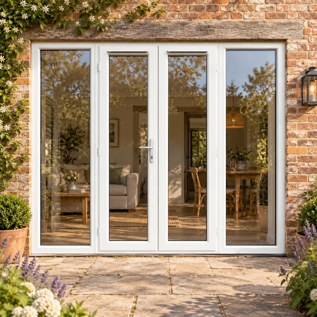 2390mm x 2090mm - White uPVC French Doors with Wide Side Panels lit up in the evening