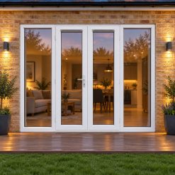 2390mm x 2090mm - White uPVC French Doors with Wide Side Panels opening onto garden decking