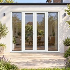 2390mm x 2090mm - White uPVC French Doors with Wide Side Panels on a rendered house