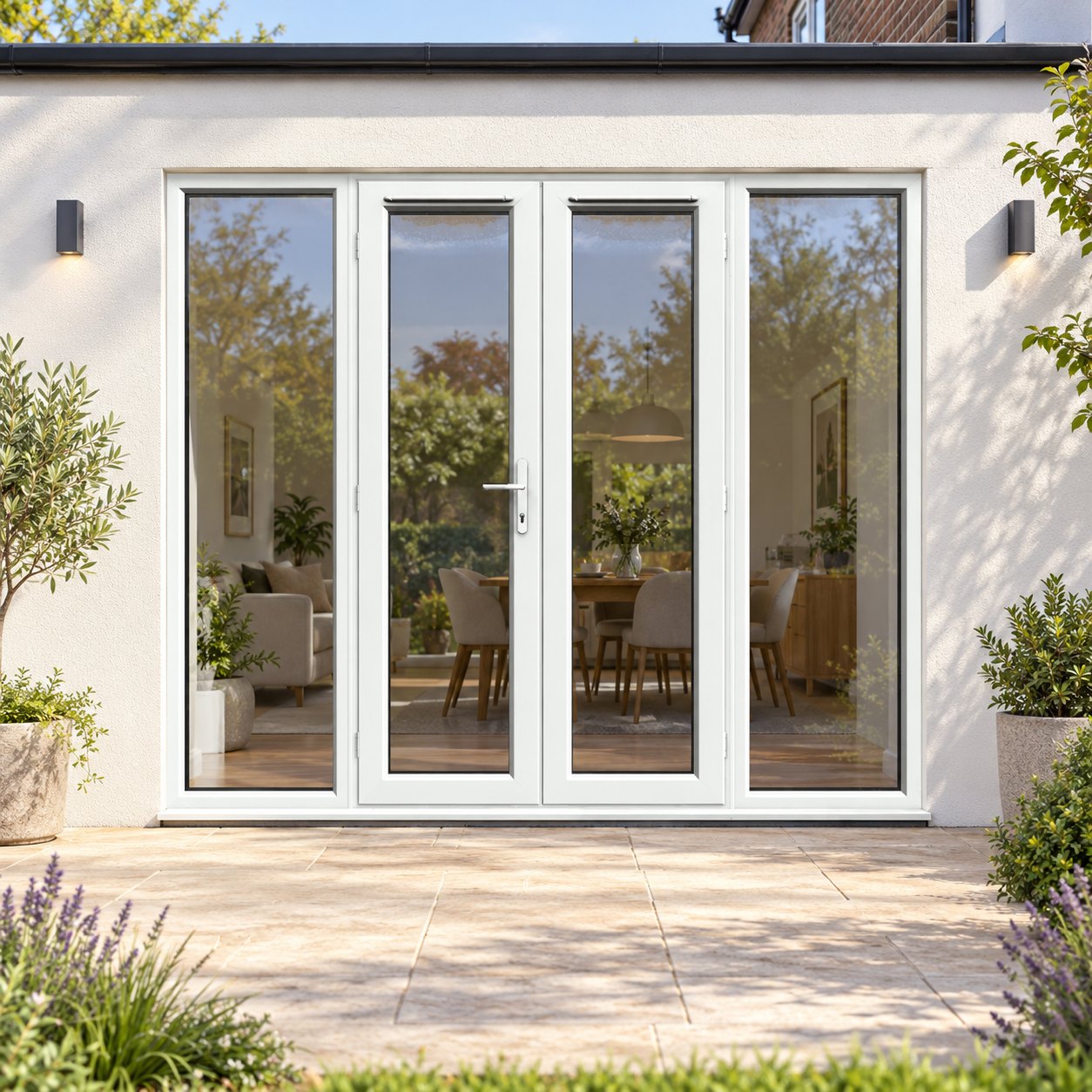 2390mm x 2090mm - White uPVC French Doors with Wide Side Panels on a rendered house
