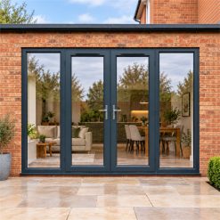 2690mm x 2090mm - Grey-on-White uPVC French Doors with Wide Side Panels fitted to the back of a house