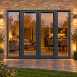 2690mm x 2090mm - Grey-on-White uPVC French Doors with Wide Side Panels opening onto garden decking