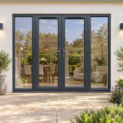 2690mm x 2090mm - Grey-on-White uPVC French Doors with Wide Side Panels on a rendered house
