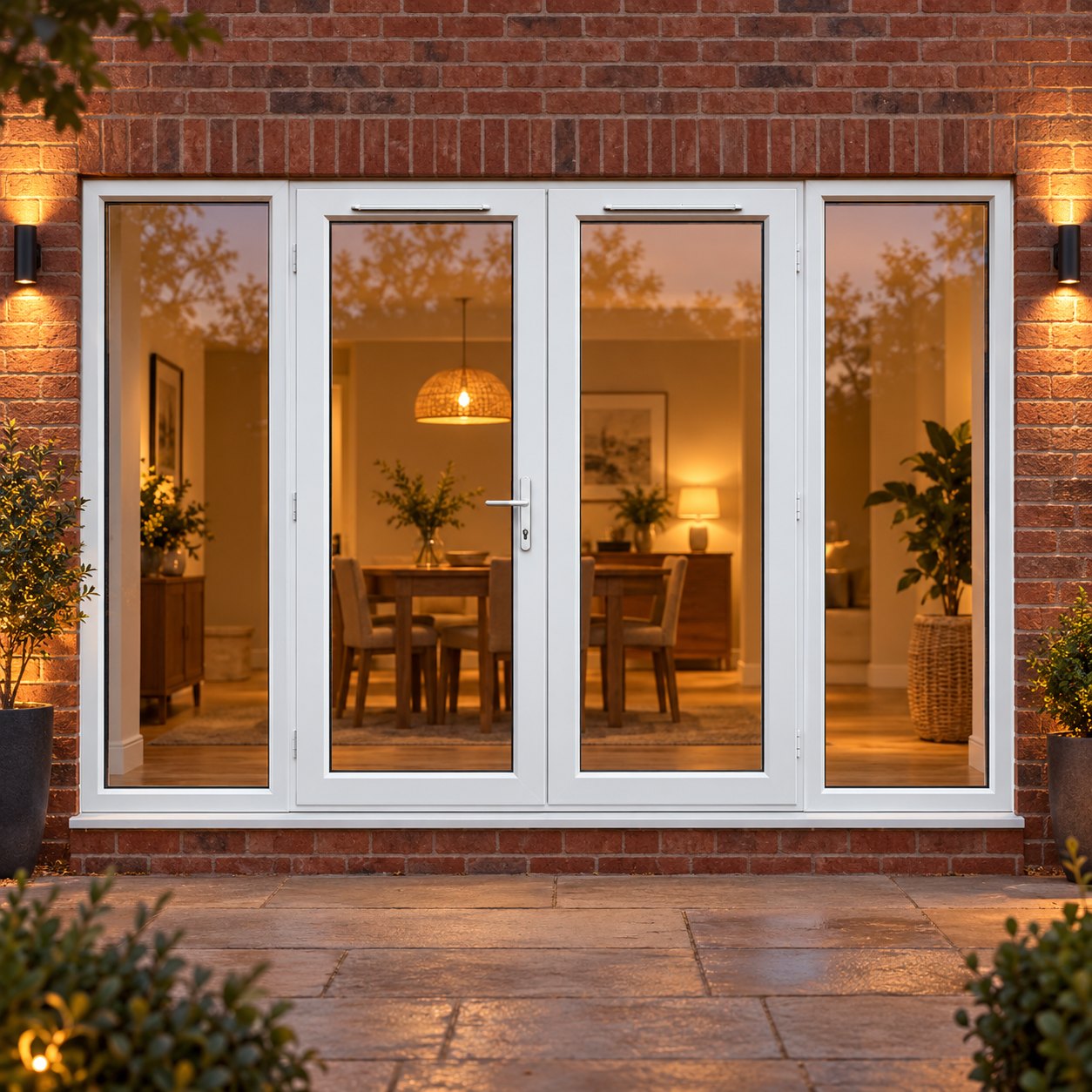 2690mm x 2090mm - White uPVC French Doors with Wide Side Panels lit up in the evening