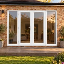 2690mm x 2090mm - White uPVC French Doors with Wide Side Panels opening onto garden decking