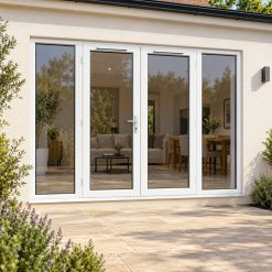 2690mm x 2090mm - White uPVC French Doors with Wide Side Panels on a rendered house