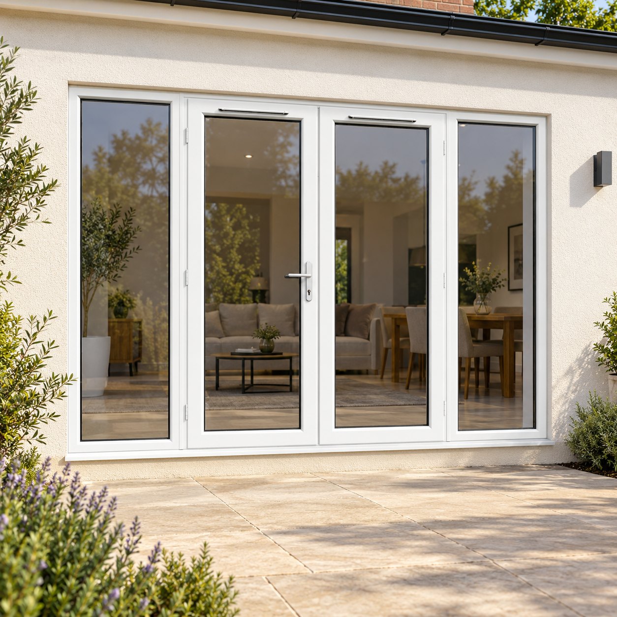 2690mm x 2090mm - White uPVC French Doors with Wide Side Panels on a rendered house
