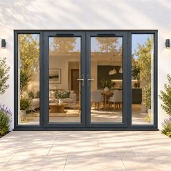 2990mm x 2090mm - Grey-on-White uPVC French Doors with Wide Side Panels fitted to the back of a house