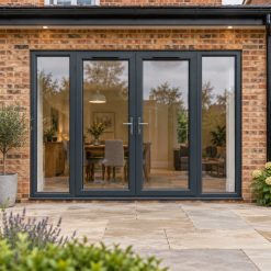 2990mm x 2090mm - Grey-on-White uPVC French Doors with Wide Side Panels opening onto a brick patio