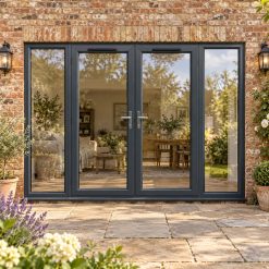 2990mm x 2090mm - Grey-on-White uPVC French Doors with Wide Side Panels lit up in the evening
