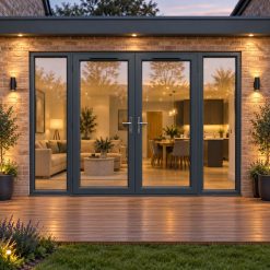2990mm x 2090mm - Grey-on-White uPVC French Doors with Wide Side Panels opening onto garden decking