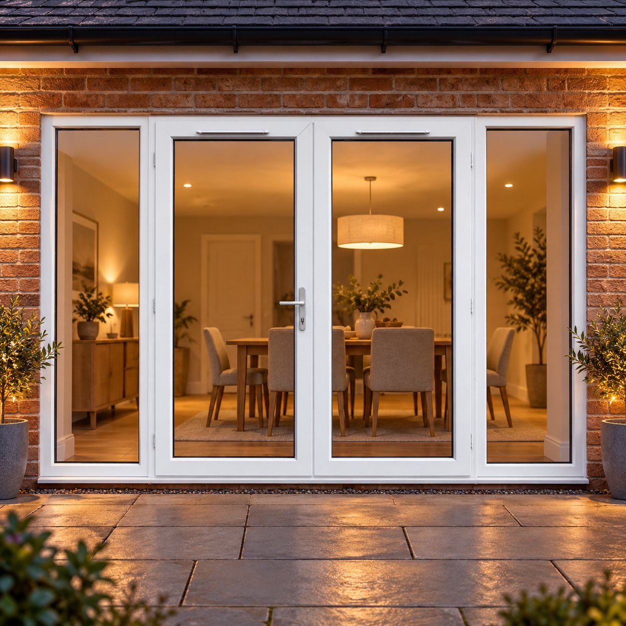 2990mm x 2090mm - White uPVC French Doors with Wide Side Panels lit up in the evening