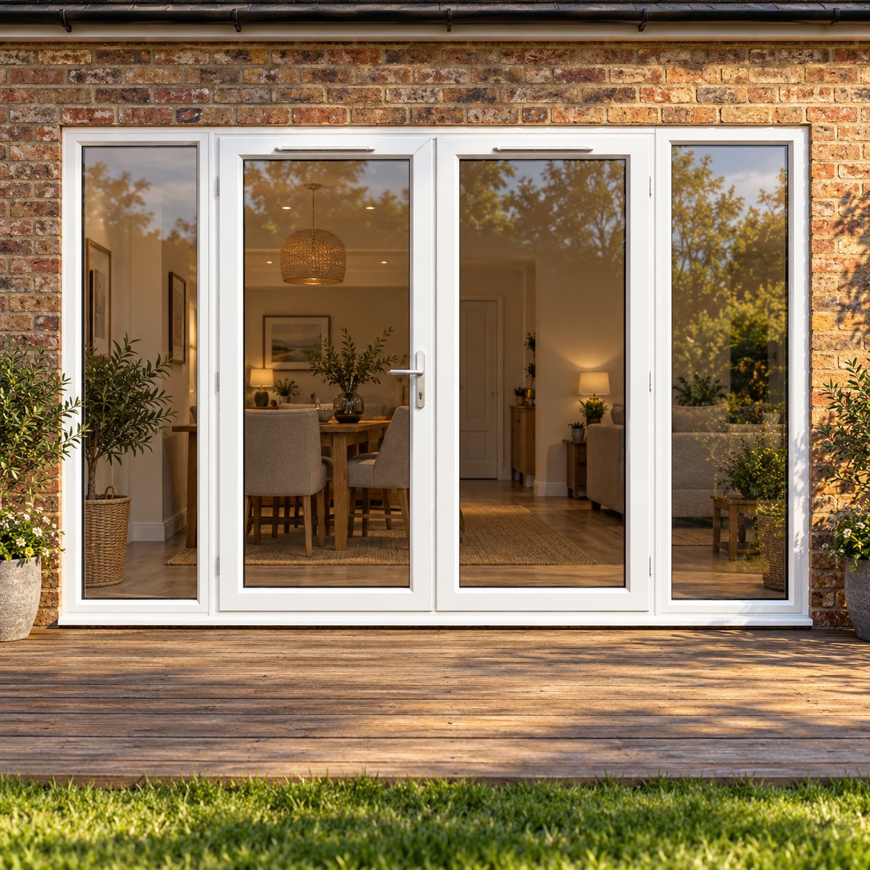 2990mm x 2090mm - White uPVC French Doors with Wide Side Panels opening onto garden decking