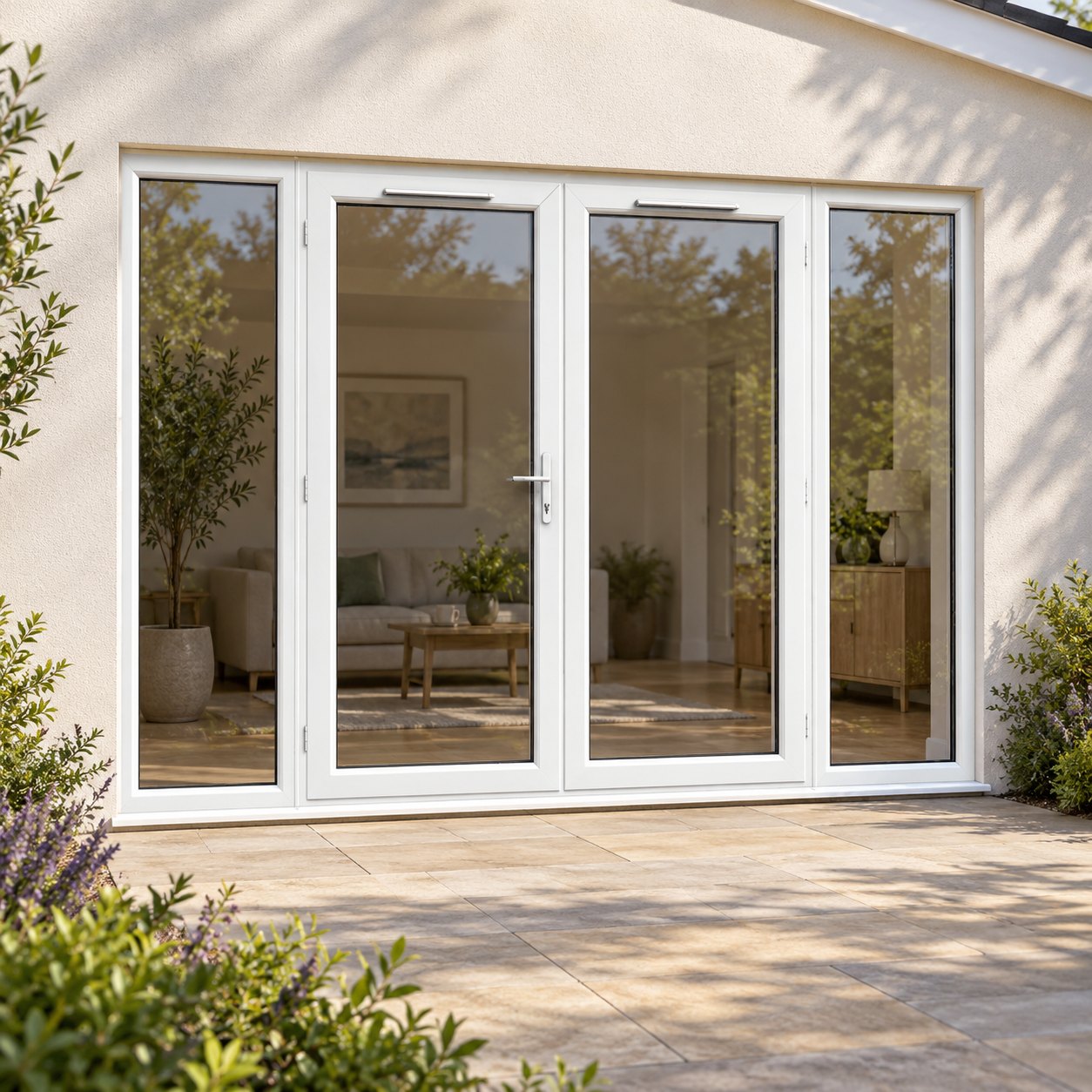 2990mm x 2090mm - White uPVC French Doors with Wide Side Panels on a rendered house