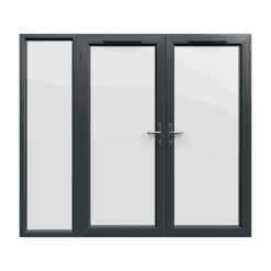 2390mm x 2090mm - Grey-on-White uPVC French Doors with Wide Side Panel