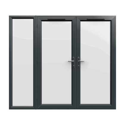 2390mm x 2090mm - Grey-on-White uPVC French Doors with Wide Side Panel