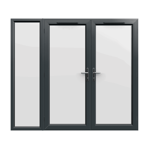 2390mm x 2090mm - Grey-on-White uPVC French Doors with Wide Side Panel