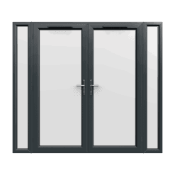 2390mm x 2090mm - Grey-on-White uPVC French Doors with Narrow Side Panels