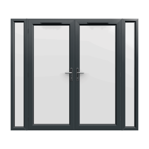 2390mm x 2090mm - Grey-on-White uPVC French Doors with Narrow Side Panels