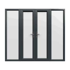 2390mm x 2090mm - Grey-on-White uPVC French Doors with Wide Side Panels