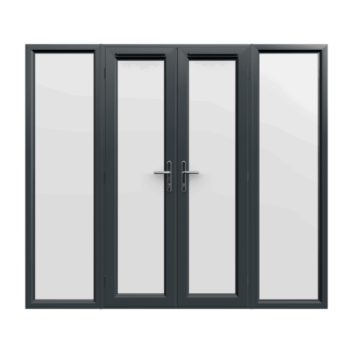 2390mm x 2090mm - Grey-on-White uPVC French Doors with Wide Side Panels
