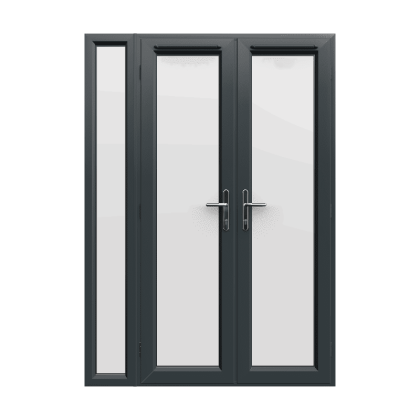 1490mm x 2090mm - Grey-on-White uPVC French Doors with Narrow Side Panel