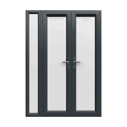 1490mm x 2090mm - Grey-on-White uPVC French Doors with Narrow Side Panel
