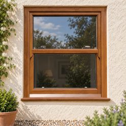 Golden Oak uPVC sliding sash window on a rendered cottage